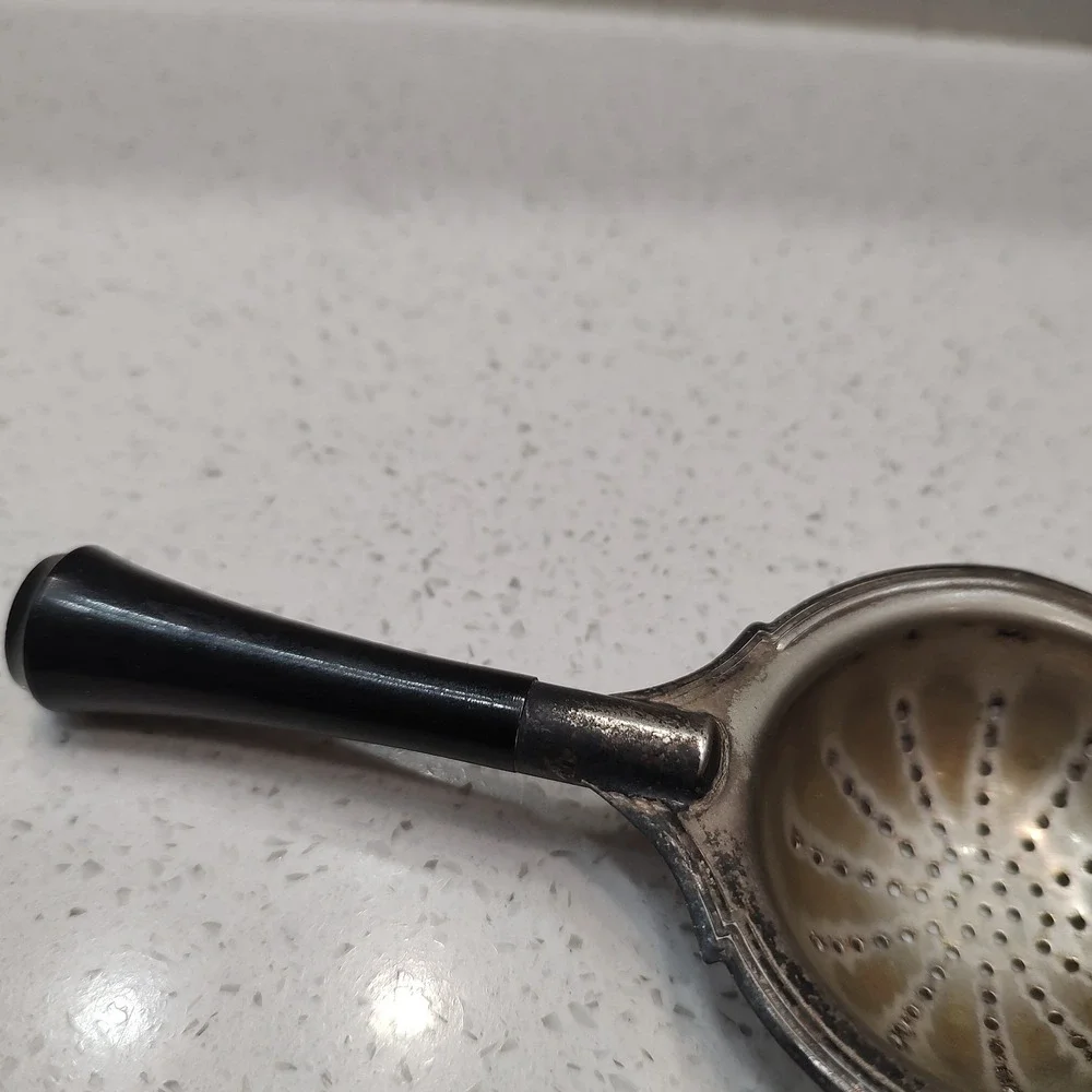 Silver Plated Tea Strainer Spoon Wooden Handle Ornate Mid Century Cottage Core
